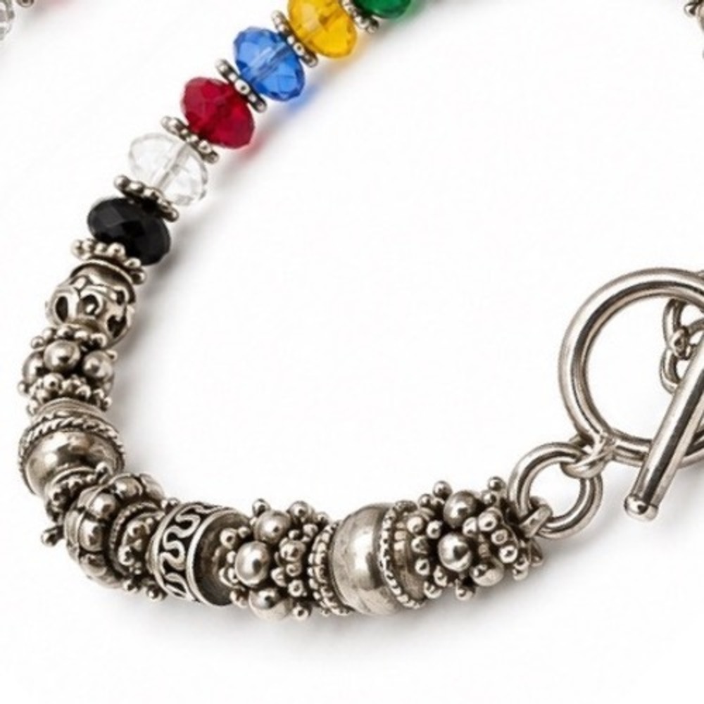 Bohemian Silver Tone Rainbow Crystal Beaded Toggle Bracelet Antique Finish - Picture 8 of 8